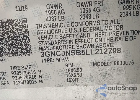 2020 Chevrolet Trax Awd Ls z USA, uszkodzony, nr VIN 3GNCJNSB5LL212798